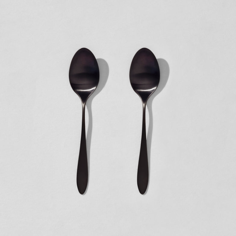 Overhead view of two satin black dinner spoons