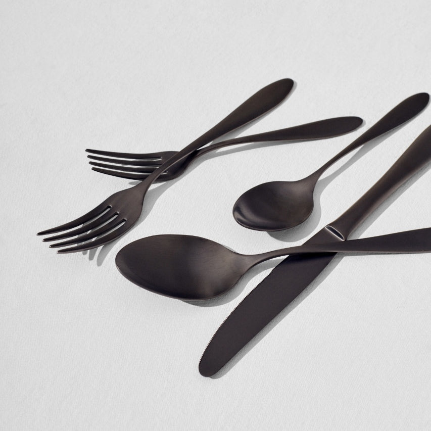 Black breakfast spoons with satin black forks and knife