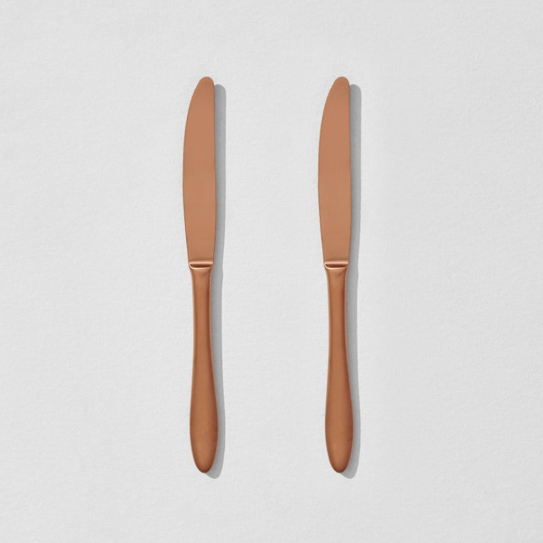Overhead view of two satin copper knives